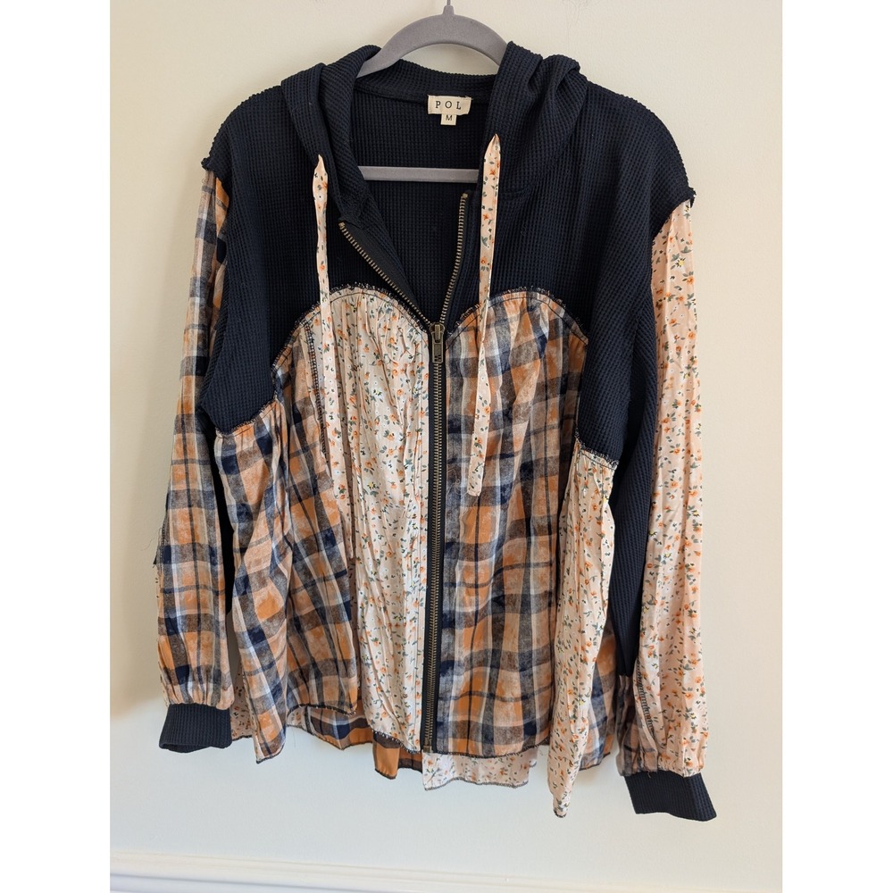 POL Mixed Media Patchwork Zip Up Hoodie Navy Waffle Knit boho medium eclectic